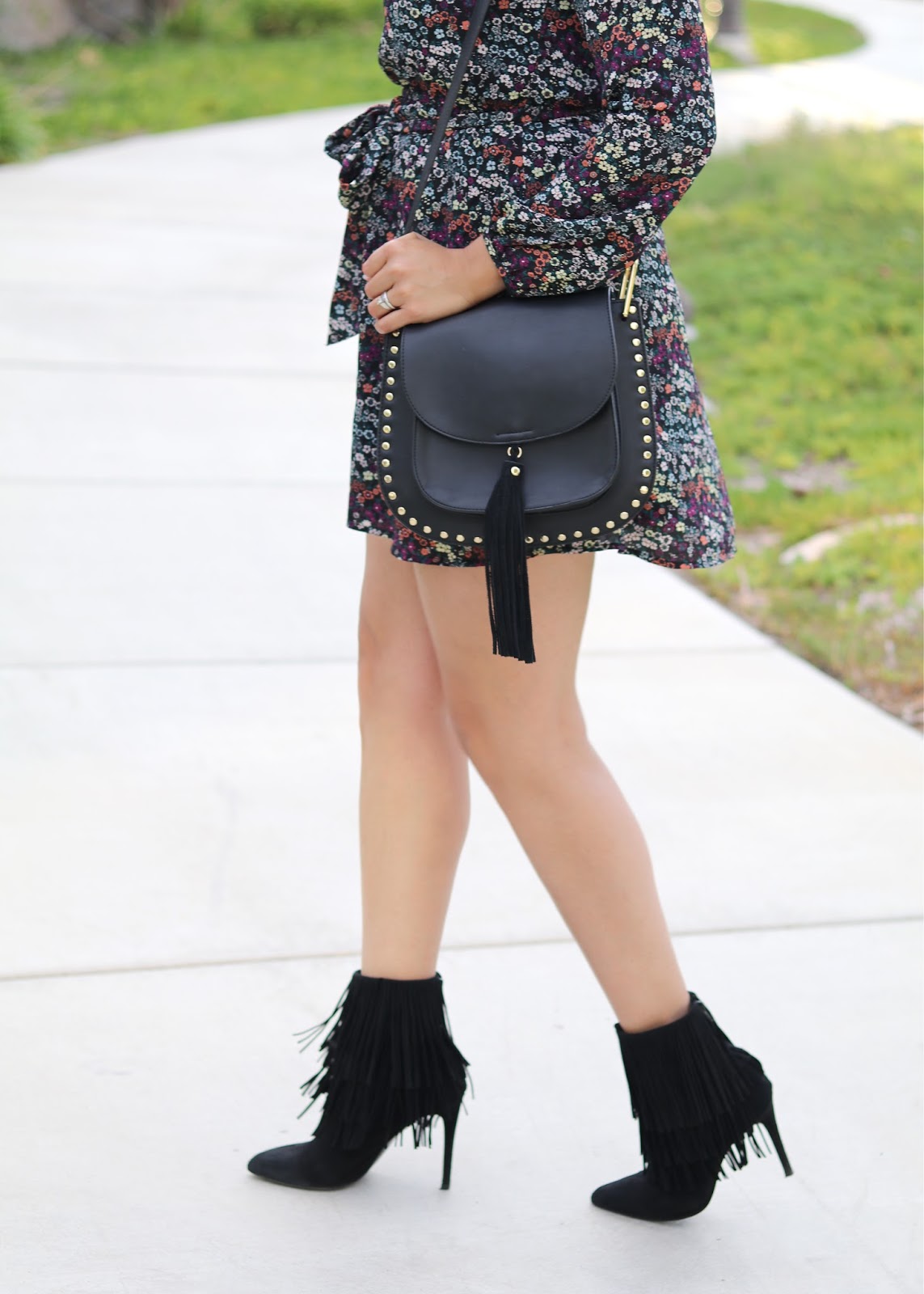 Fall Floral Dress galian studded and fringe handbag, black studded crossbody bag, black fringe booties