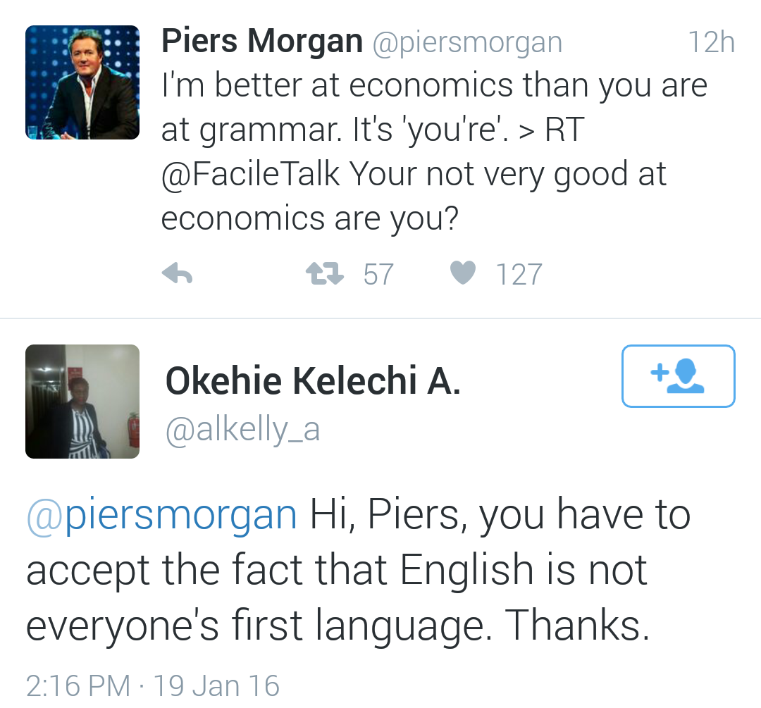HoTgIsT....... Piers replies a tweet in Yoruba