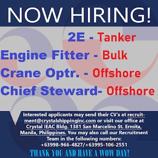 Opening seaman careers for Filipino crew work at oil tanker, bulk carrier, offshore vessels joining onboard A.S.A.P.