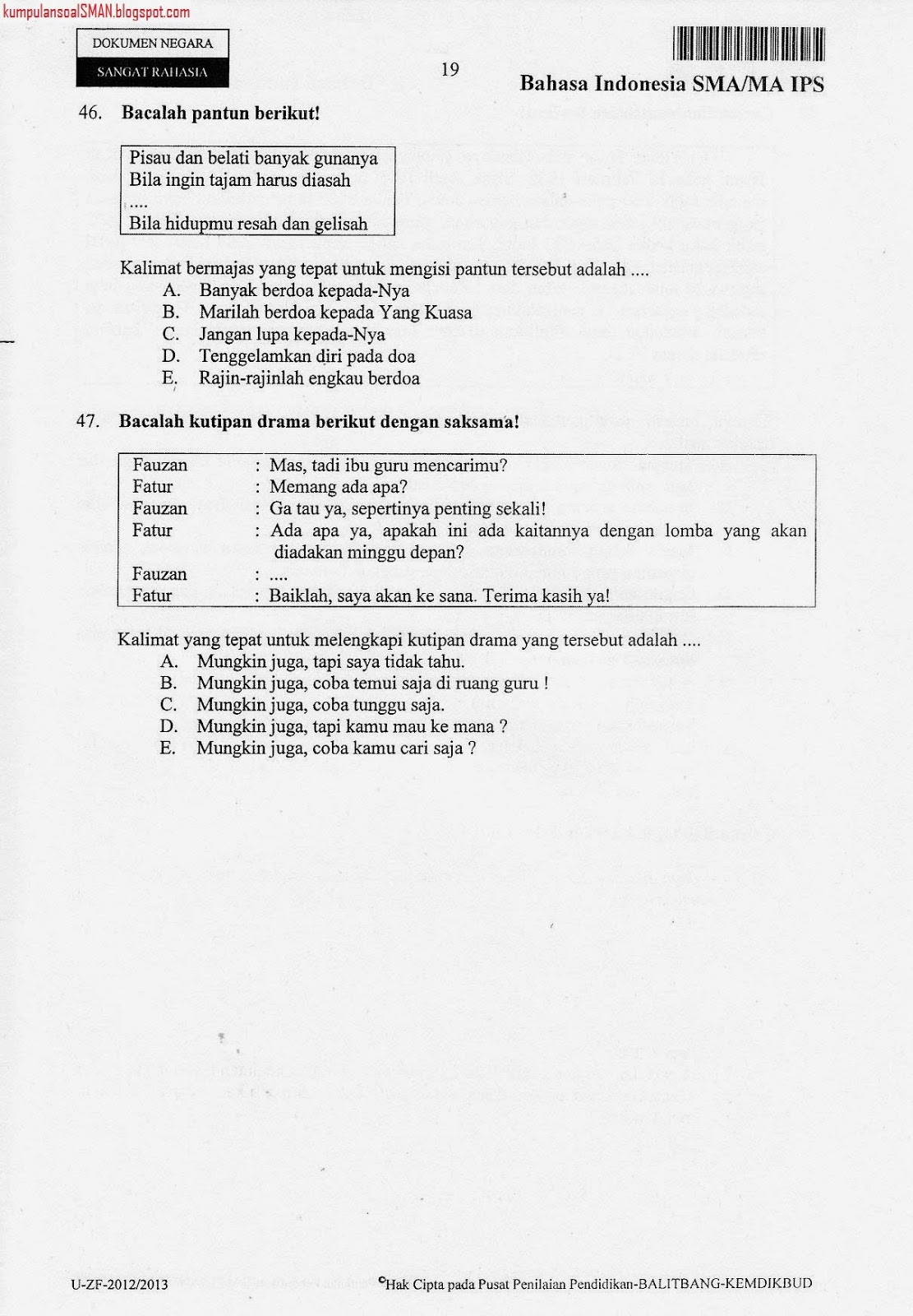 Soal UN Bahasa Indonesia SMA/IPS Kode 55 2012/2013