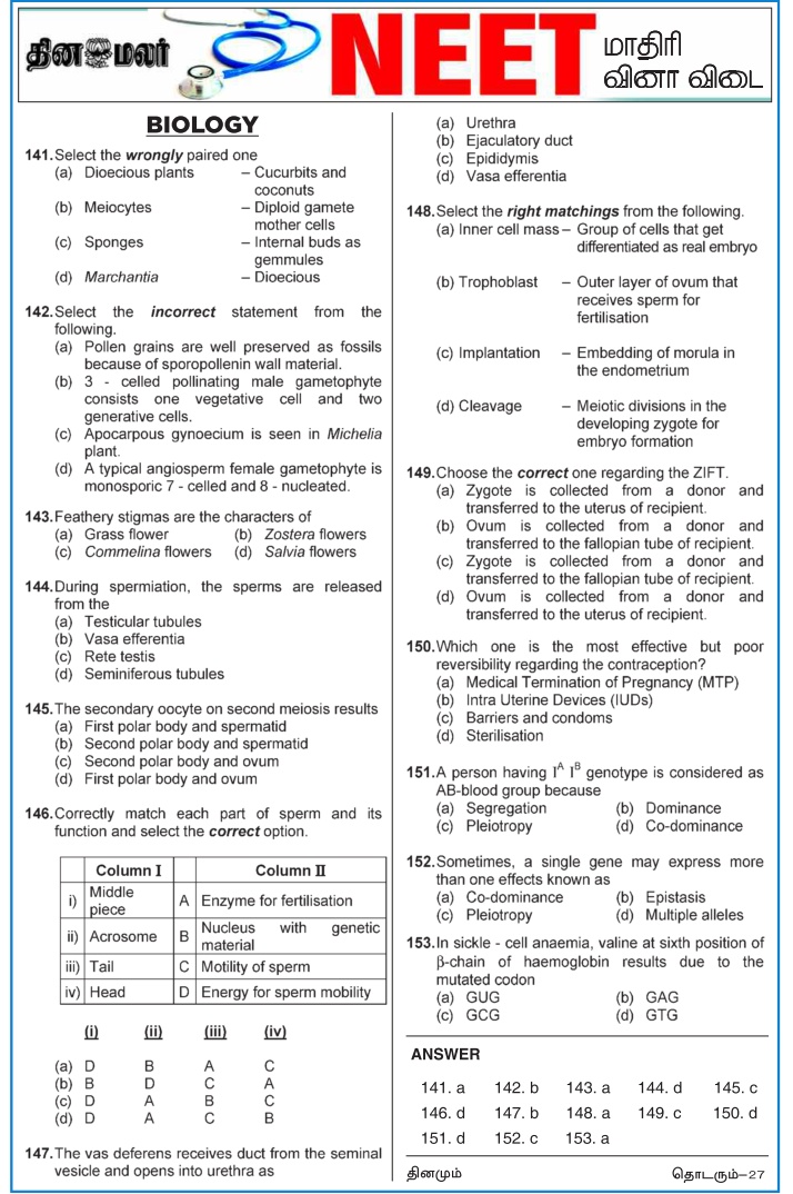 NEET2017 Exam Model Questions Prepared by Dinamalar Dated 27.04.2017