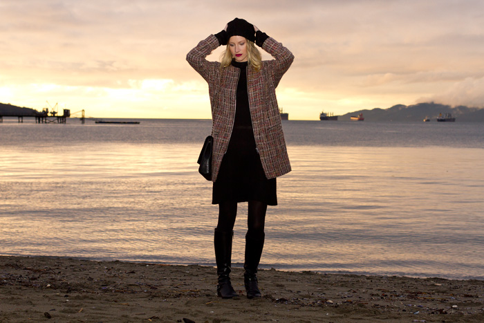 Vancouver Fashion Blogger, Alison Hutchinson, wearing Topshop boxy tweed coat, black sweater dress, Urban Outfitters Toque Beenie, Zara black leather bag, Via Spiga black leather riding boots
