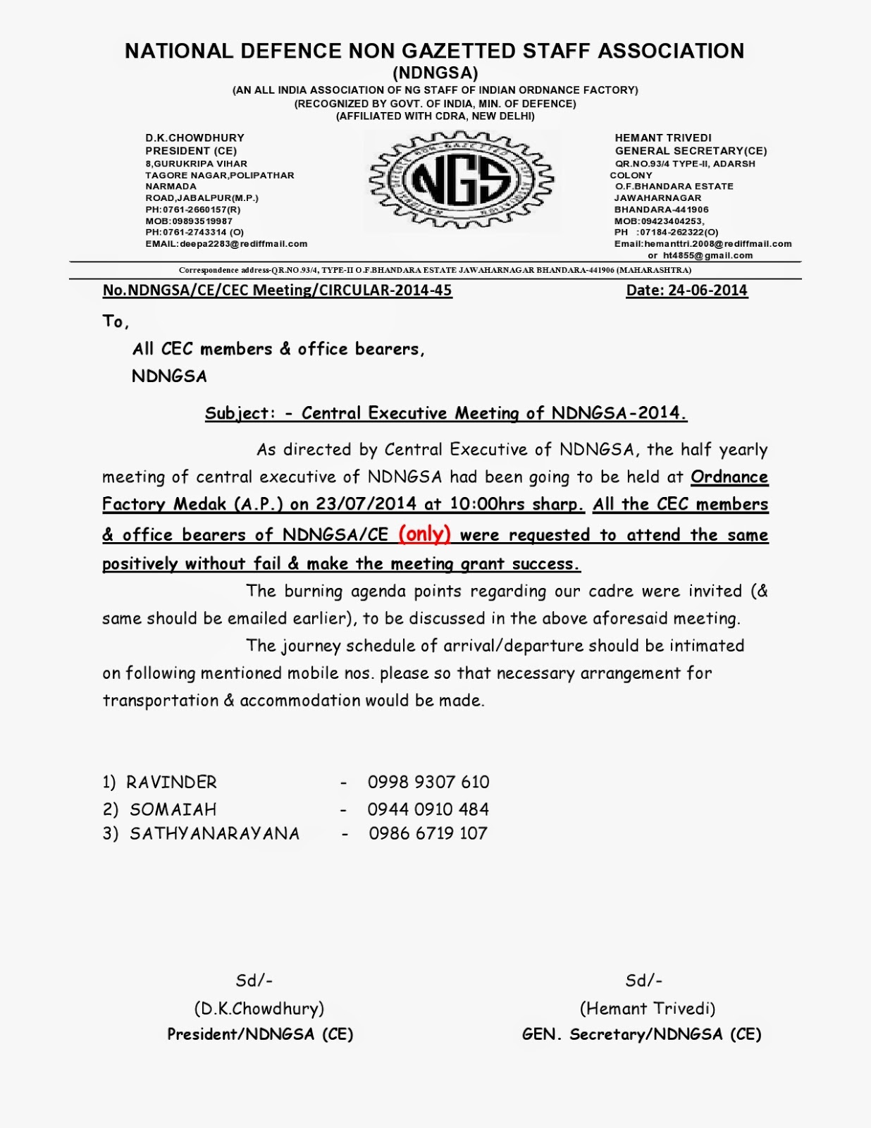 National Defence NonGazetted Staff Association CIRCULAR FOR CEC MEETING