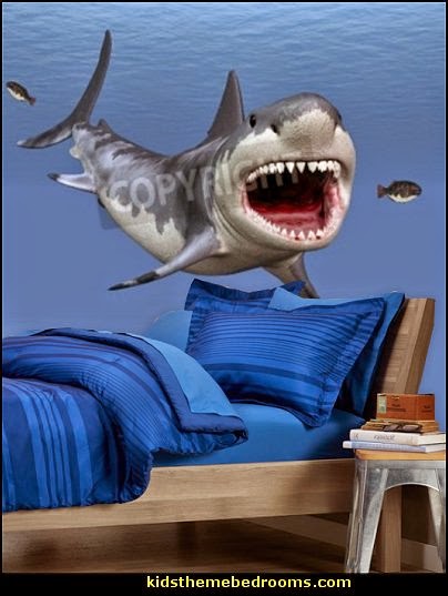 Shark Bedrooms - shark murals - Shark Decor - shark wall decals - shark theme bedroom decorating ideas -  surfing theme bedrooms - surf shack bedrooms - shark bedding - nautical bedrooms - 3d shark wall decorations