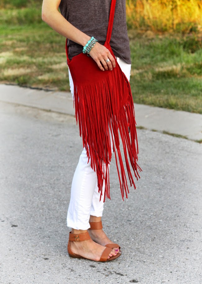 Brown tee, white denim, red fringe purse, turquoise accessories