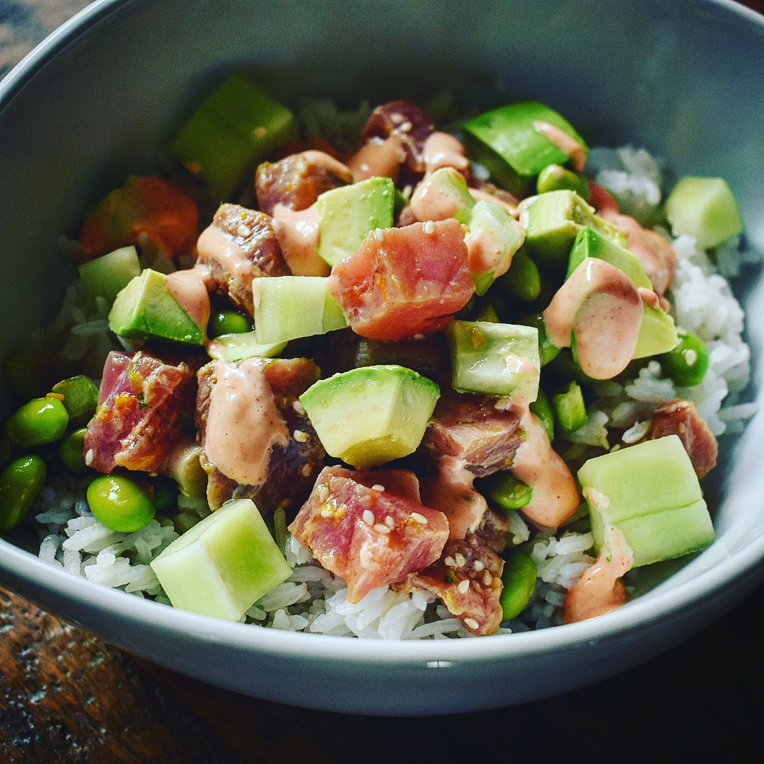 Tuna Avocado Rice Bowls with Sriracha Aioli Chef Jen