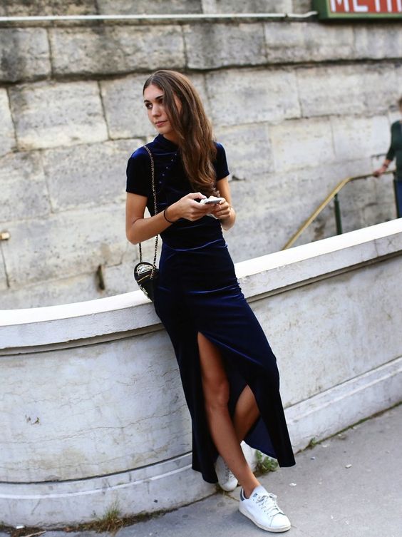 Diletta Bonaiuti - Blue Velvet Dress + Stan Smith Adidas Street Style