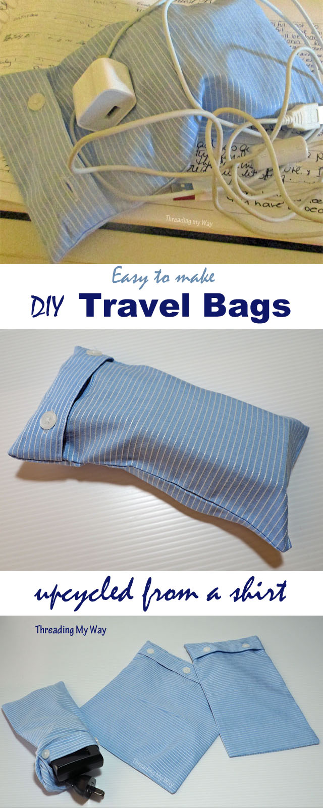 Upcycle a button down shirt and easily make a set of travel storage bags. Tutorial at Threading My Way