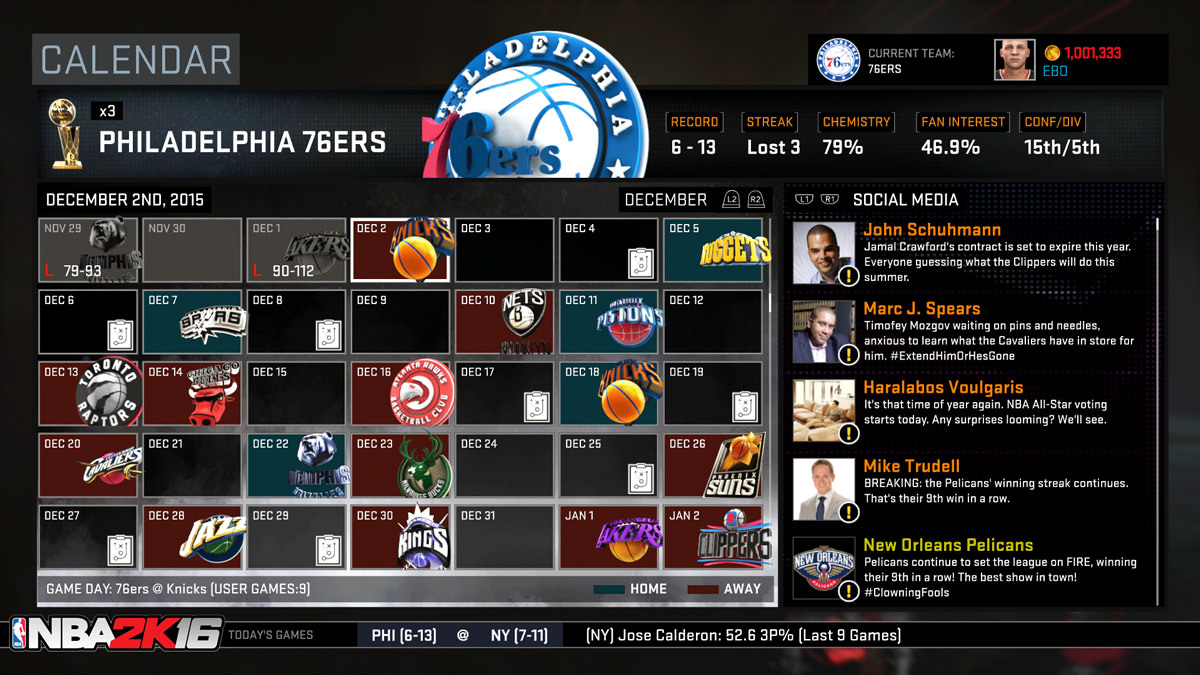 NBA 2k16 MyGM, MyLeague Modes : Calendar