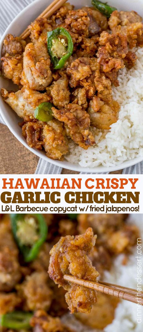 Crispy Hawaiian Garlic Chicken made with a soy garlic sauce and fried jalapeño rings. This is a spicy version of your favorite island takeout!