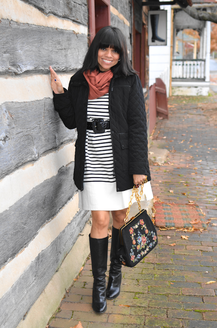 Puffer Long Jacket Striped Sweater Dress Outfit Look