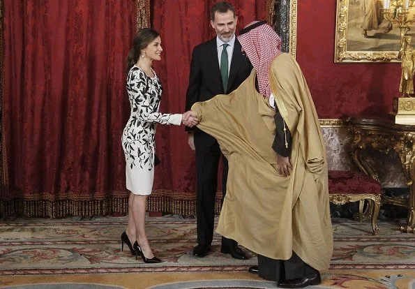 Crown Prince Muhammed bin Salman of Saudi Arabia in Spain. Queen Letizia wore Felipe Varela dress and wearing Tous Jewelry earrings, Magrit pumps