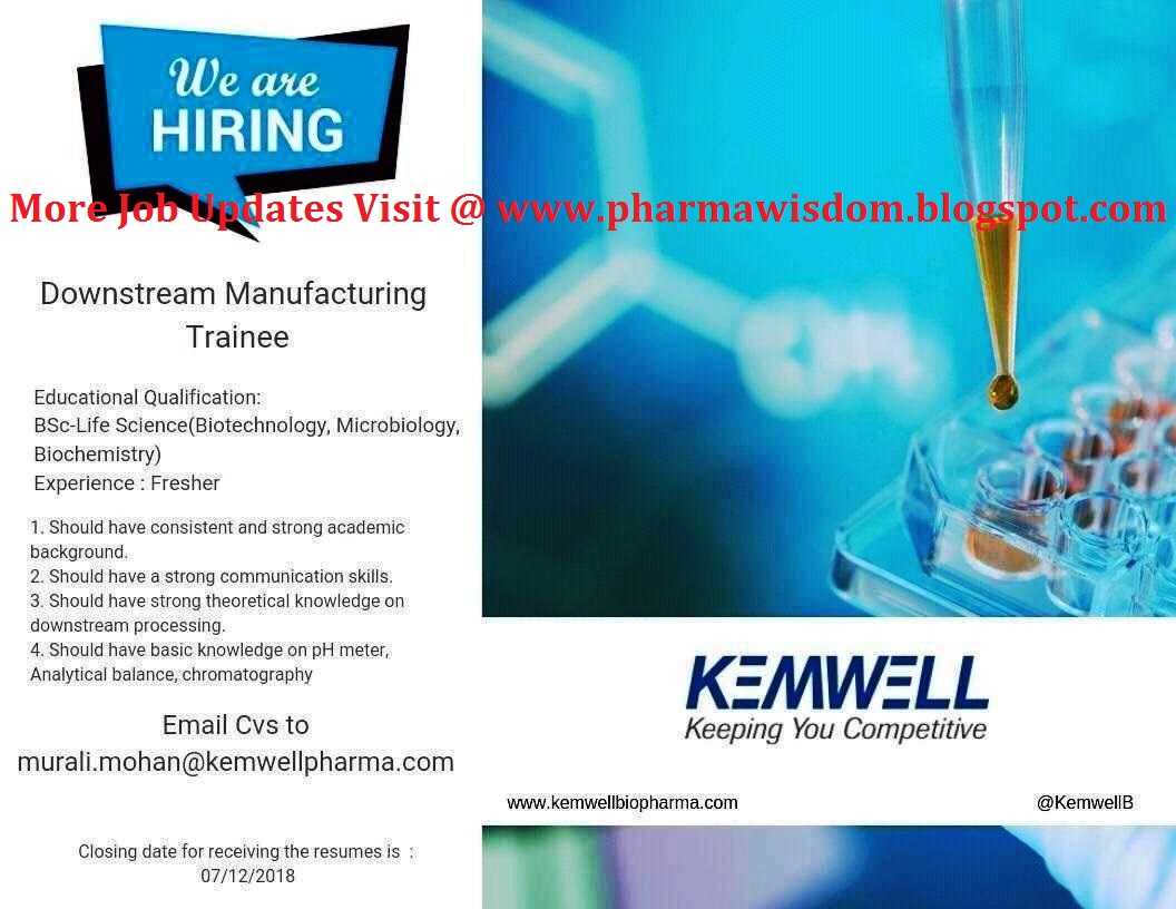 Kemwell Pharma Urgent Hiring for B.Sc Life Science Freshers (Biotech / Microbiology / Biochem