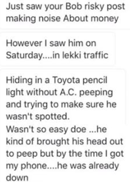 9 Is that him? Man claims to have seen Bobrisky in Lekki traffic hiding in a Toyota car without AC (photo)