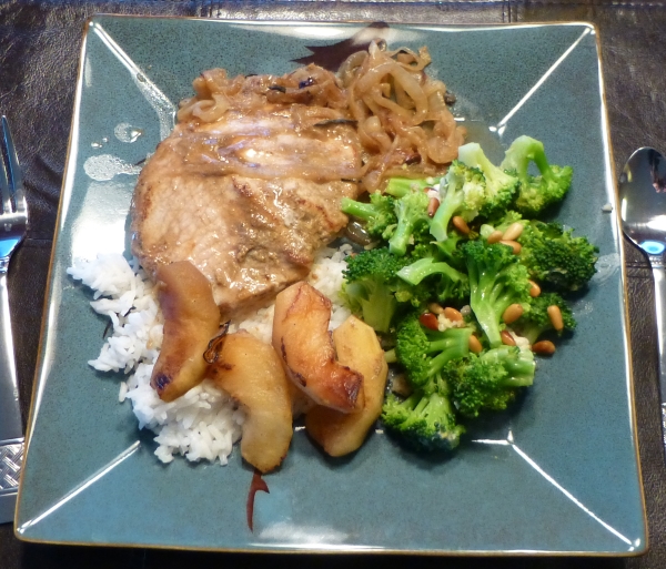 Coriander Pork Chops with Sauteed Apples and Caramelized Onions