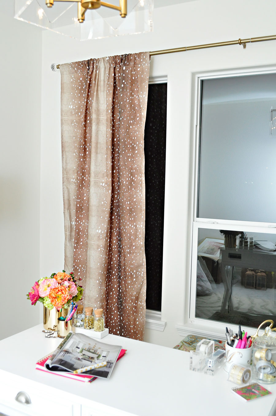 Minted's Trompe L'Oeil Fawn curtains look fabulous in this chic white and gold feminine home office. 