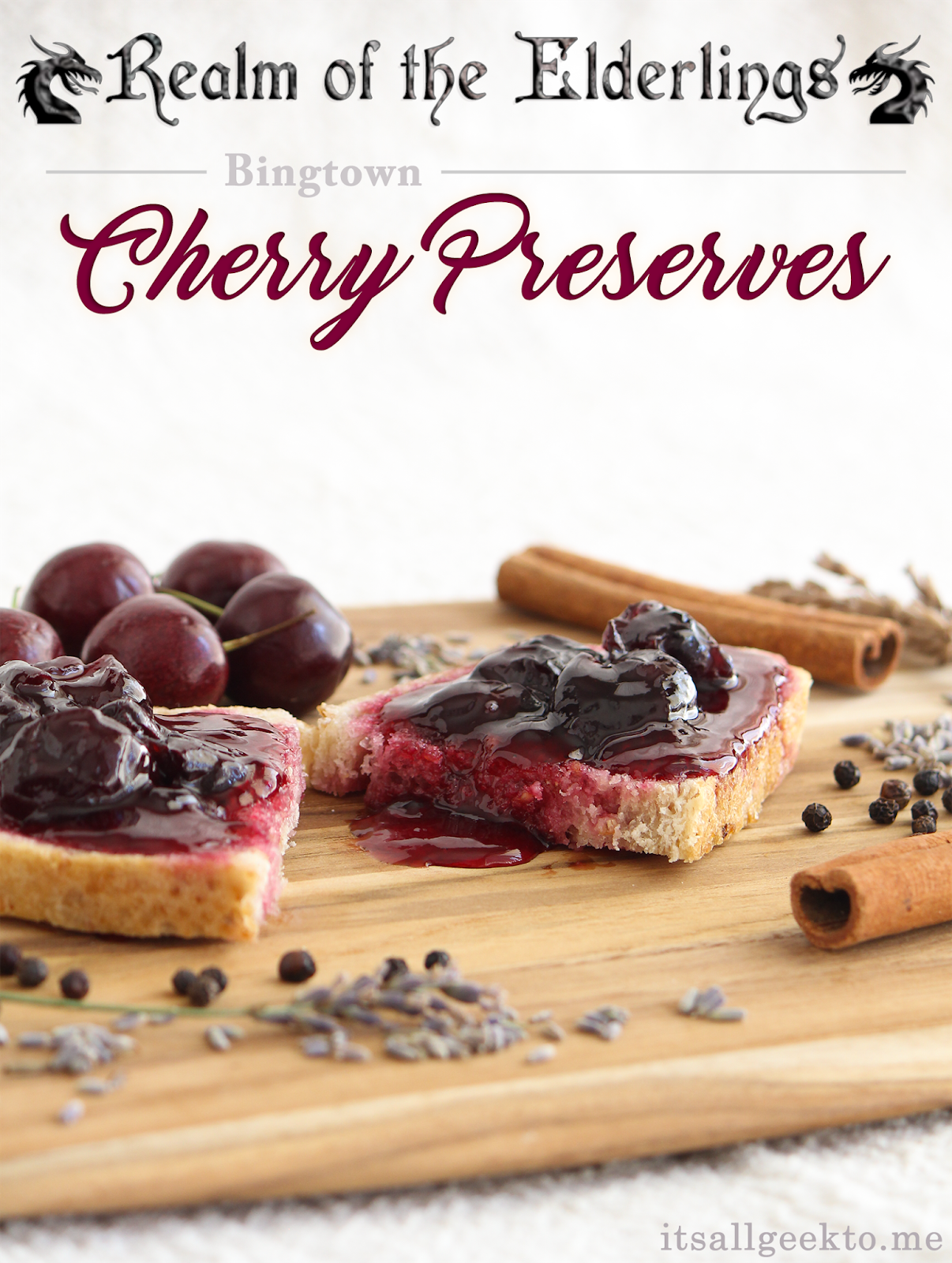 Cherry preserves inspired by Robin Hobb's Realm of the Elderling series, based on a historical recipe.