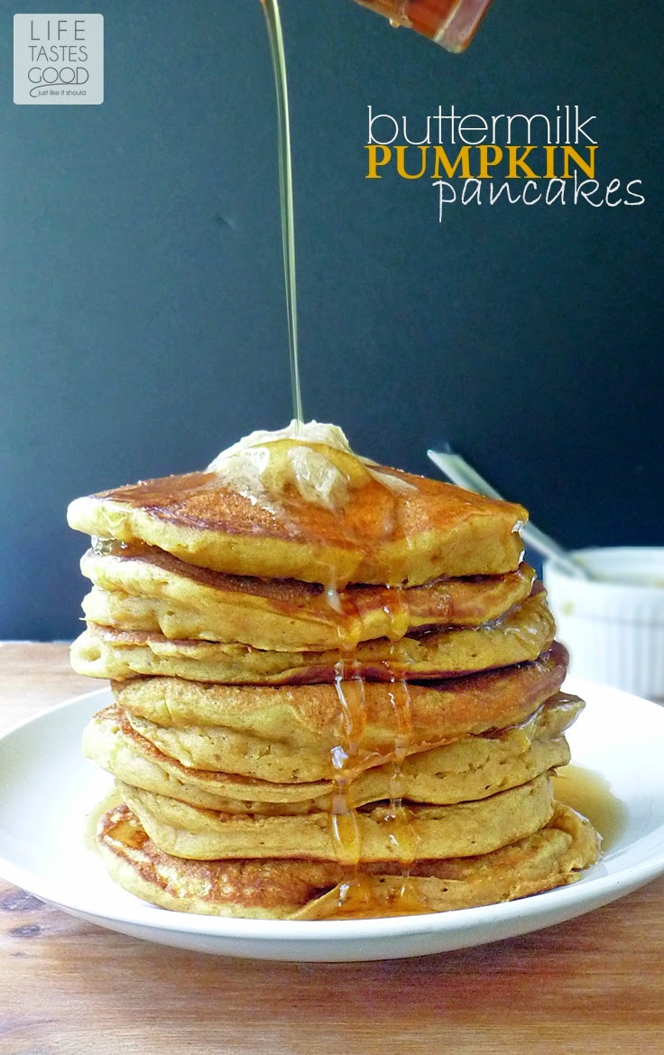 Buttermilk Pumpkin Pancakes |by Life Tastes Good melt in your mouth! Loaded with homemade pumpkin puree, these pancakes are a delicious and nutritious way to start your day. #PumpkinWeek #Breakfast