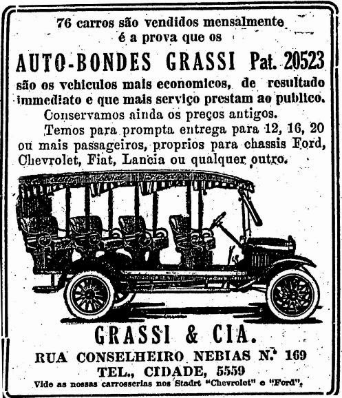 Propaganda dos primeiros ônibus do Brasil (auto-bonde). Grassi. São Paulo, 1929.