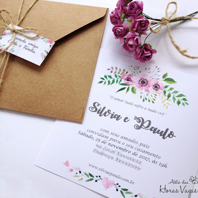 convite artesanal personalizado aniversário infantil 15 anos casamento moderno rústico floral aquarelado boho chic envelope papel kraft quadrado fita sisal noiva convite diferente delicado sofisticado papelaria personalizada