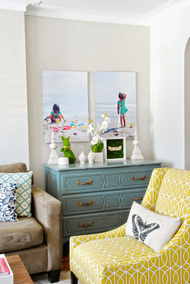 Rambling Renovators | living room blue yellow beachy art