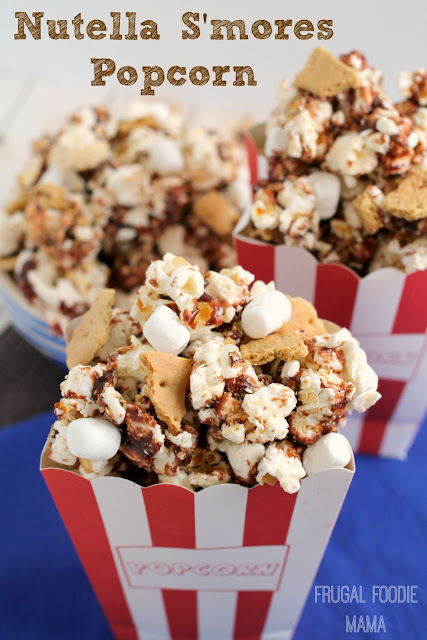 Buttery popcorn is tossed with creamy Nutella, crunchy graham cracker pieces, and mini marshmallows in this Nutella S'mores Popcorn.