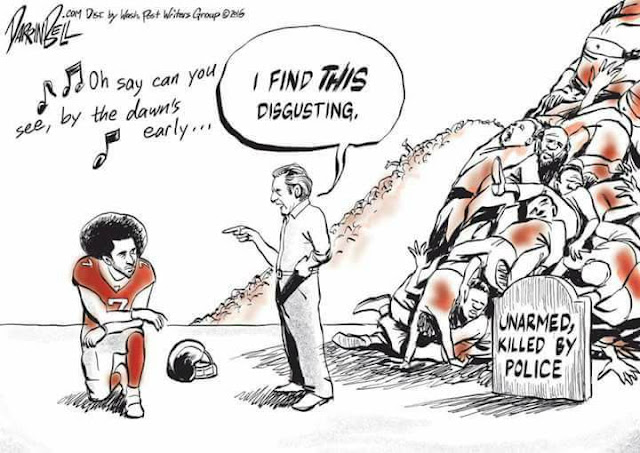 Colin Kaepernick kneeling while white man standing in front of pile of bodies labeled 