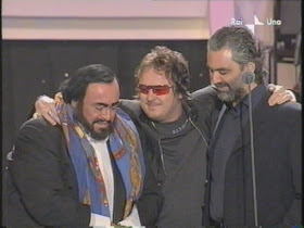 Andrea Bocelli (right) with the late Luciano Pavarotti and rock  musician Zucchero at one of Pavarotti's fund-raising events