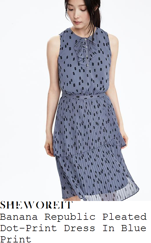 holly-willoughby-banana-republic-blue-grey-and-navy-oblong-dot-print-sleeveless-ruffle-detail-high-waisted-tiered-pleated-dress