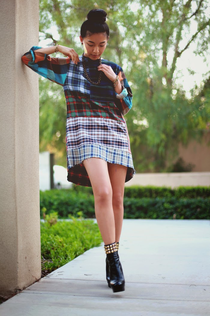 Stephanie Liu of Honey & Silk wearing Urban Outfitters Rag Union plaid dress, Kelly Wearstler chain necklace, and Michael Kors studded boots