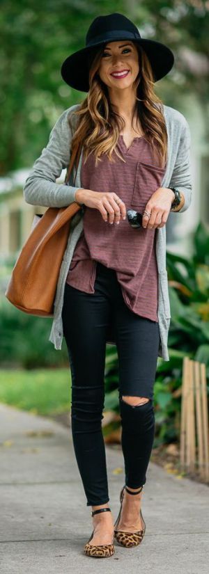Best Fall Outfit : hat + grey cardi + top + bag + rips 