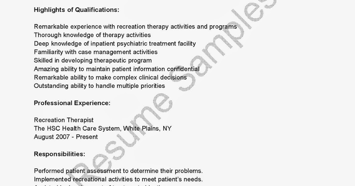 great sample resume resume samples recreation therapist resume