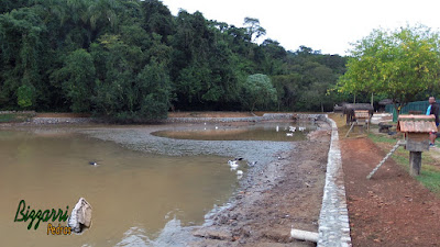 Restauração do lago em Cotia-SP com o muro de pedra rachão em volta do lago, onde vamos executar o caminho de pedra com o piso com concreto desempenado.