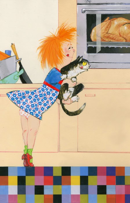 illustration by Robert Wagt of a girl and cat watching cooking of the Thanksgiving turkey