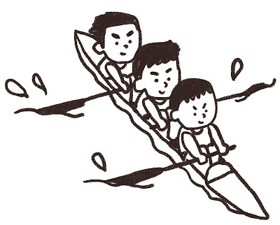3人乗りカヌーを漕いでいる人達のイラスト（スポーツ） モノクロ線画
