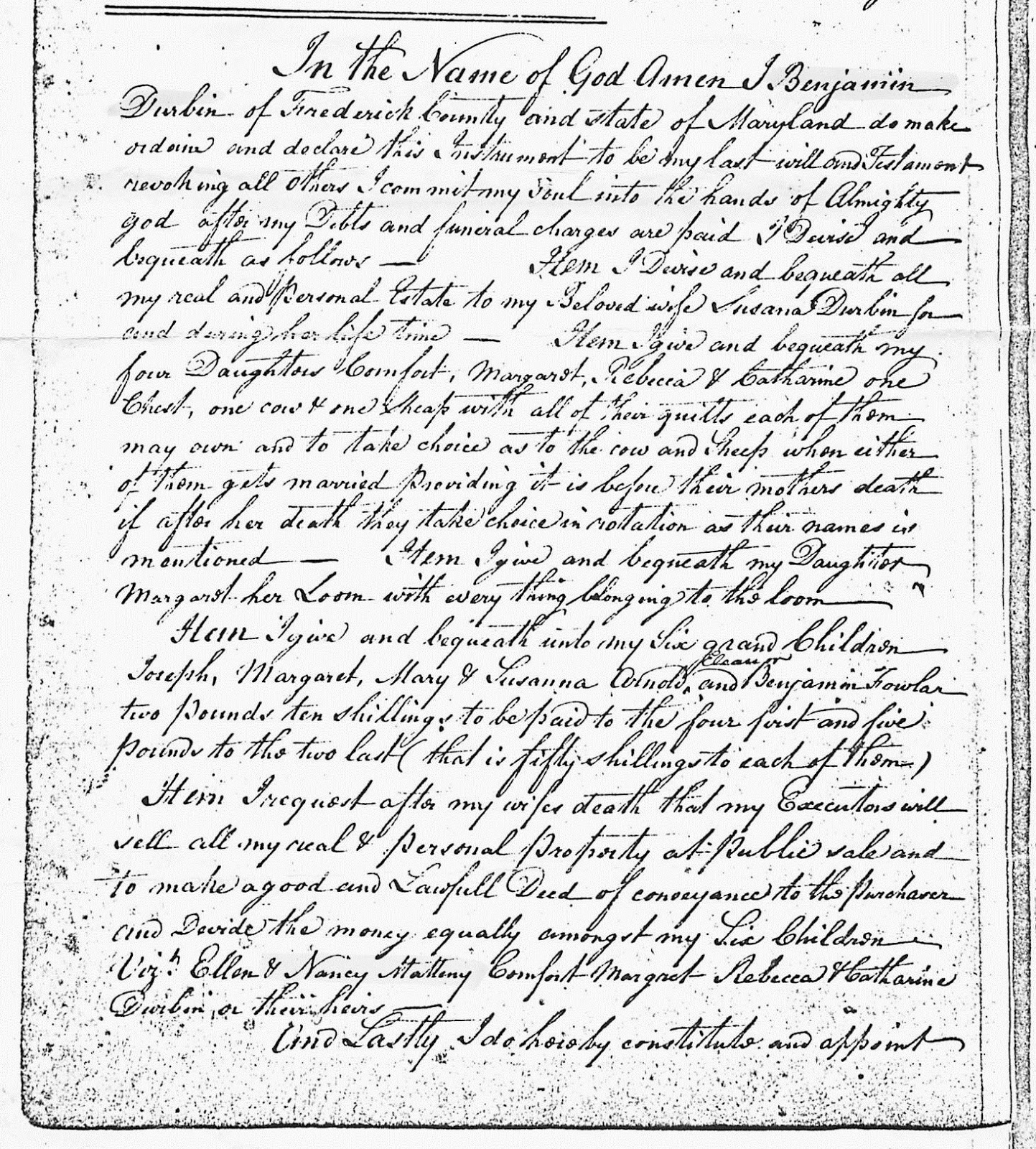 Durbin Family History Benjamin Durbin Will 1813