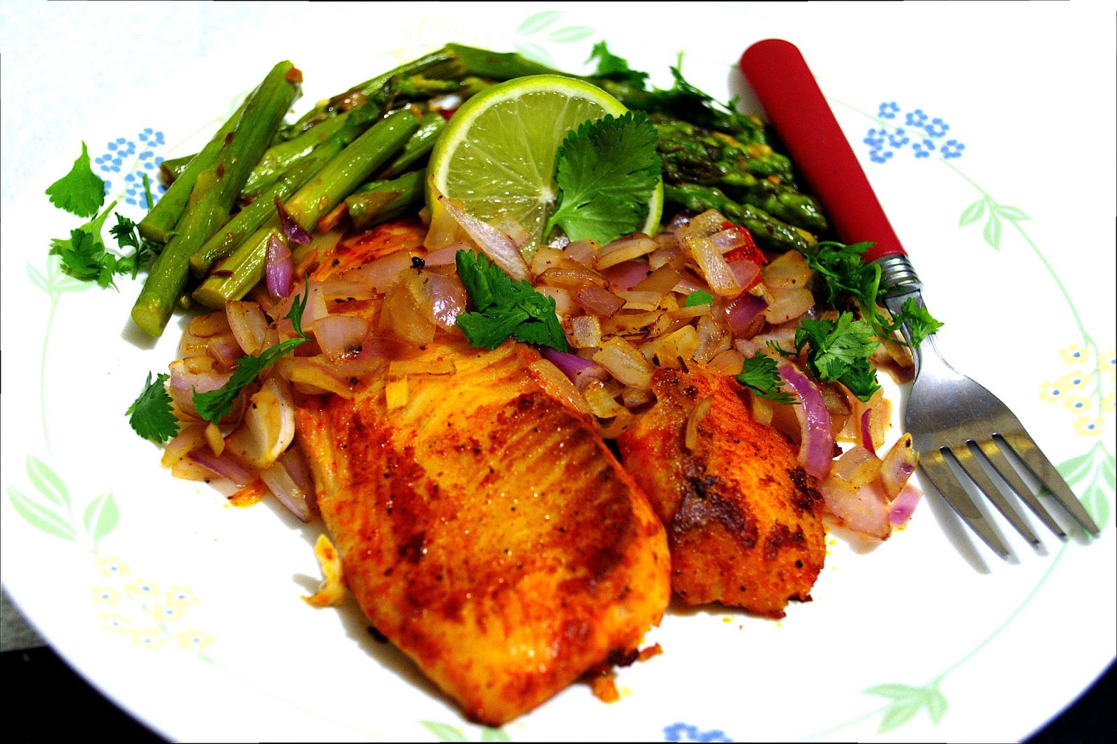 Tilapia with Asparagus stir fry and Sauteed onions Sowmia's Galley