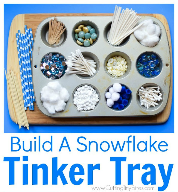 Winter STEM- Build A Snowflake Tinker Tray.  Use loose parts to build snowflakes.  Explore radial symmetry as you incorporate math, science, fine motor work, and creativity in this activity for preschoolers, kindergartners, and elementary kids.