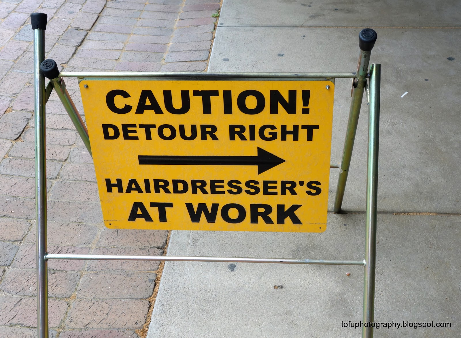 Tofu Photography Caution detour right, hairdressers for sale outside a