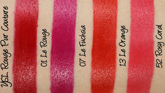 YSL Rouge Pur Couture - 01 Le Rouge, 07 Le Fuchsia, 13 Le Orange, 52 Rosy Coral Lipstick Swatches & Review