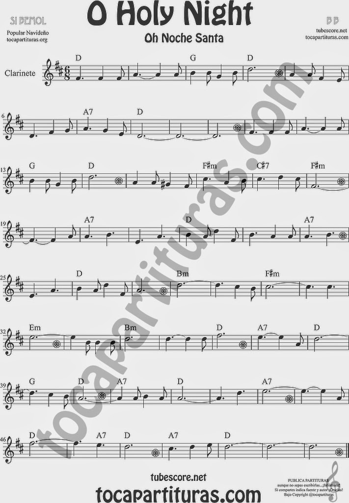 O Holy Night Partitura de Clarinete Sheet Music for Clarinet Music Score Oh Noche Santa