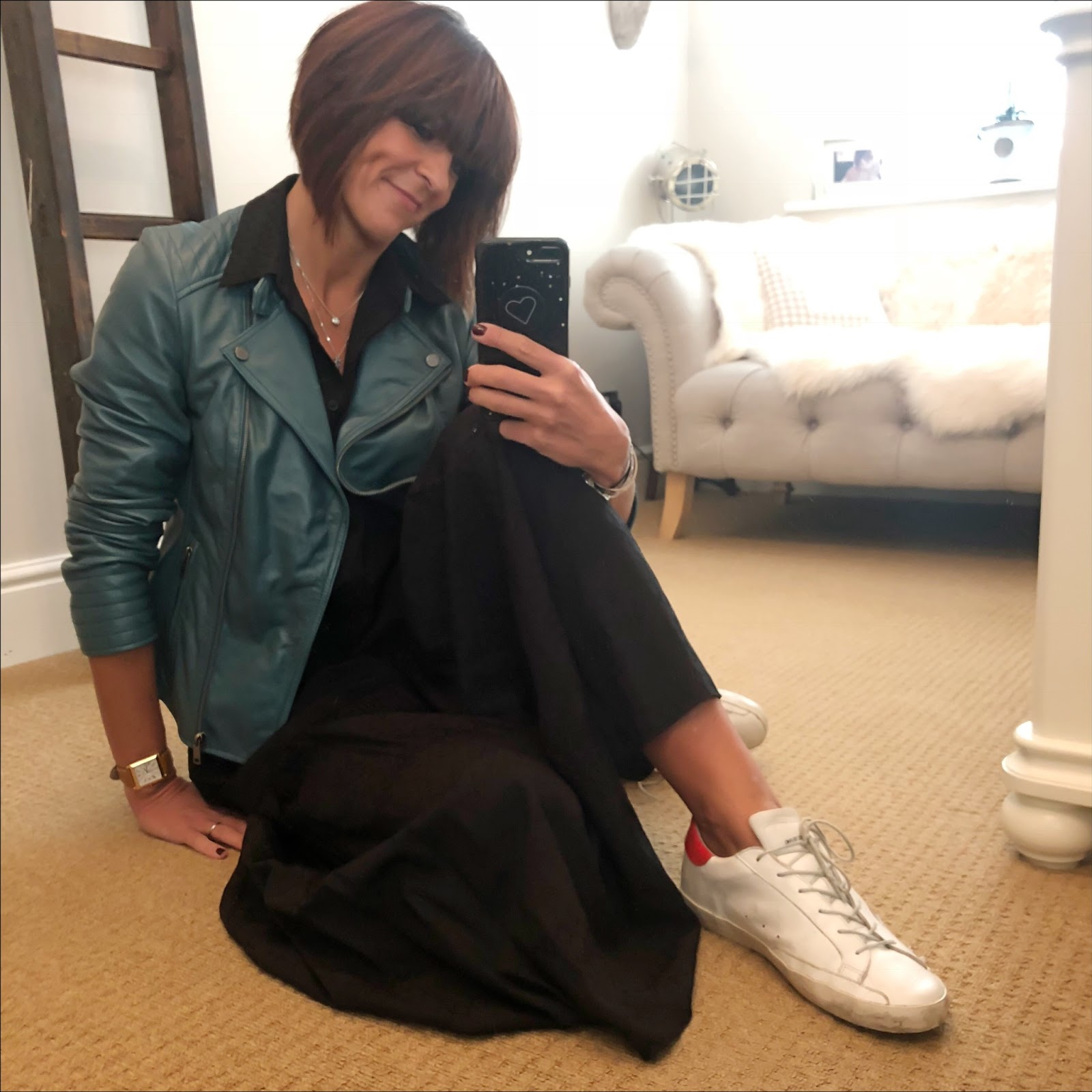 my midlife fashion, lakeland leather toni leather biker jacket, and other stories shirt maxi dress, golden goose superstar low top leather trainers