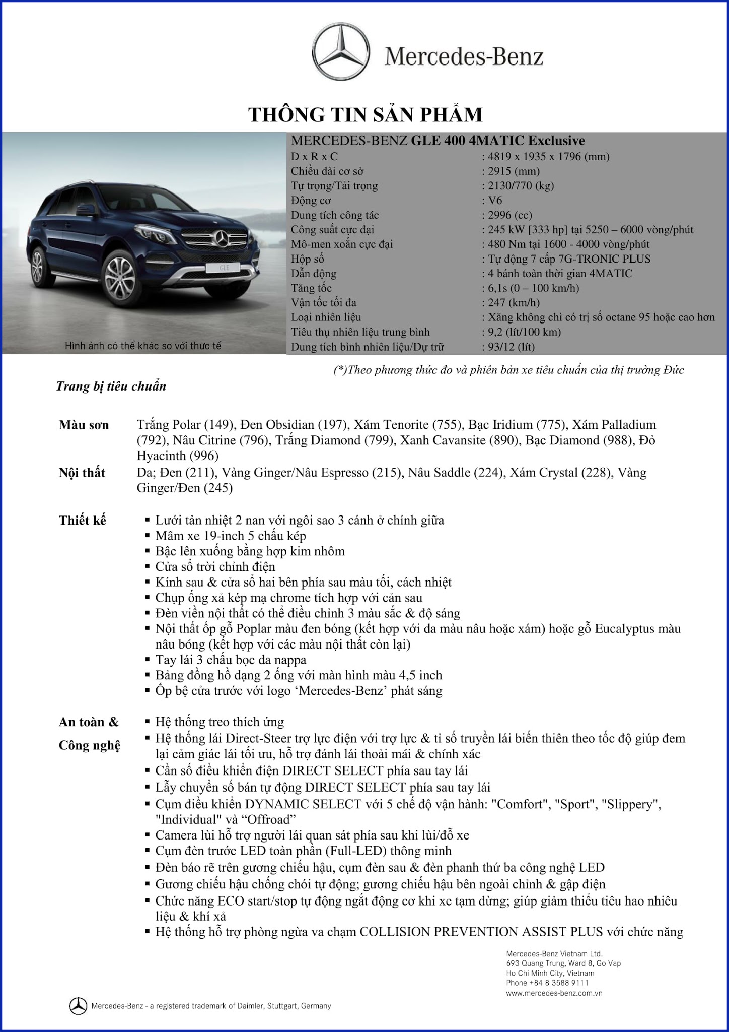 Bảng thông số kỹ thuật Mercedes GLE 400 4MATIC Exclusive 2017 Bảng thông số kỹ thuật Mercedes GLE 400 4MATIC Exclusive 2017 tại Mercedes Trường Chinh