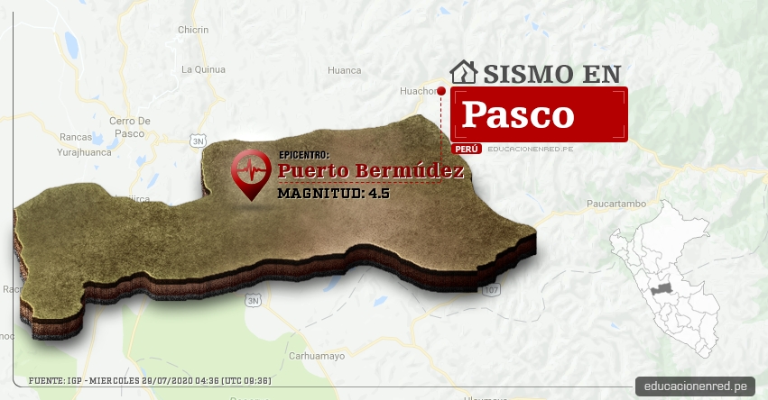 Temblor en Pasco de Magnitud 4.5 (Hoy Miércoles 29 Julio 2020) Sismo - Epicentro - Puerto Bermúdez - Oxapampa - IGP - www.igp.gob.pe Temblor en Pasco de Magnitud 4.5 (Hoy Miércoles 29 Julio 2020) Sismo - Epicentro - Puerto Bermúdez - Oxapampa - IGP - www.igp.gob.pe