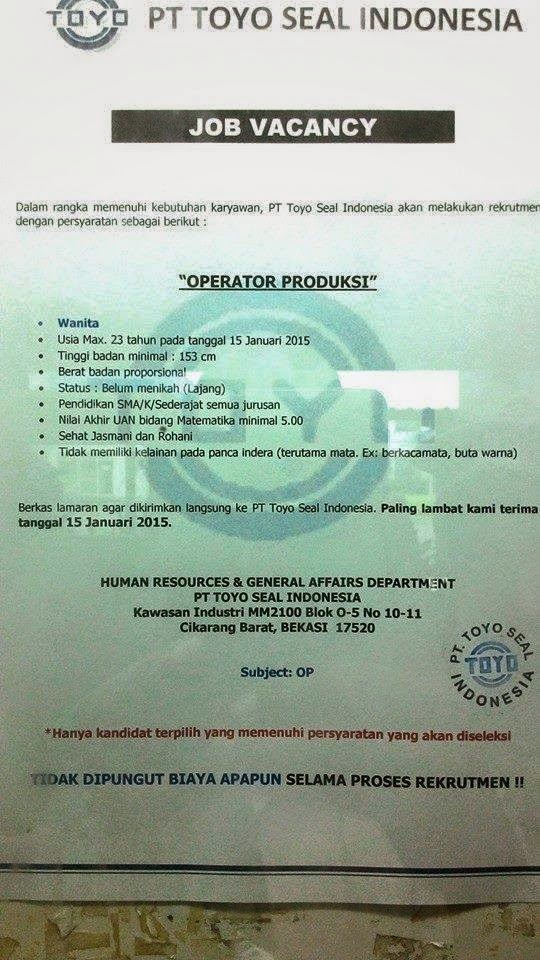Lowongan Kerja Operator Produksi PT. Toyo Seal Indonesia