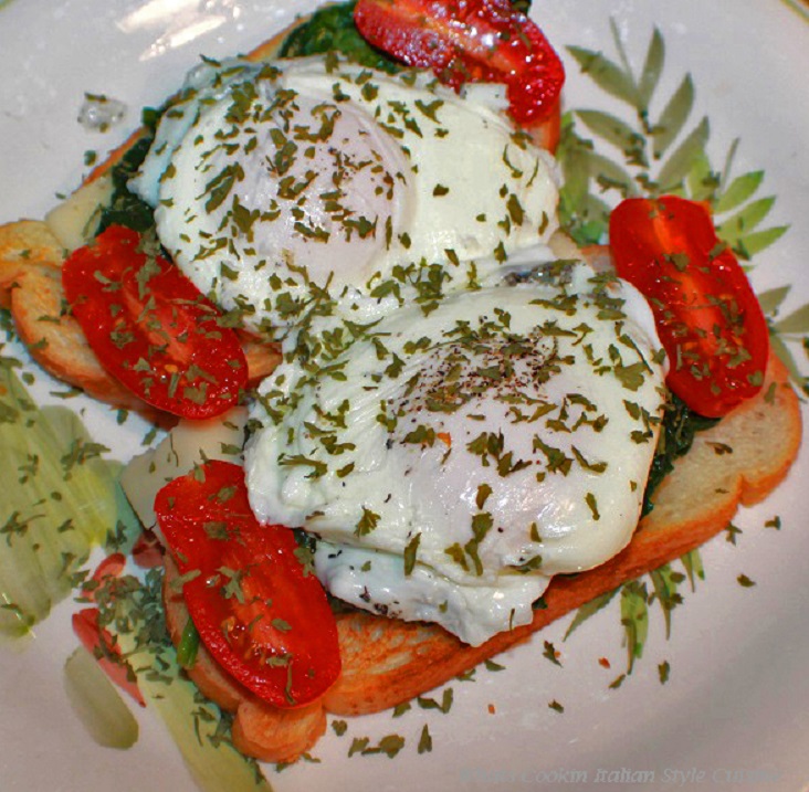 This is how to make poached eggs with spinach, tomato and cheese on toast for breakfast on Christmas morning