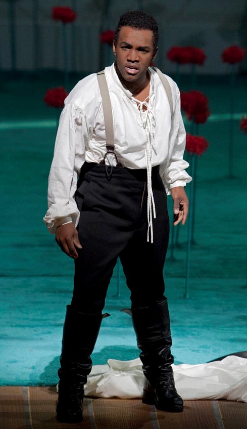 ARTS IN ACTION: American tenor LAWRENCE BROWNLEE, who will sing Ilo in Washington Concert Opera's performance of Gioachino Rossini's ZELMIRA on 5 April 2019, as Rinaldo in ARMIDA at The Metropolitan Opera in 2010 [Photograph by Ken Howard, © by The Metropolitan Opera]
