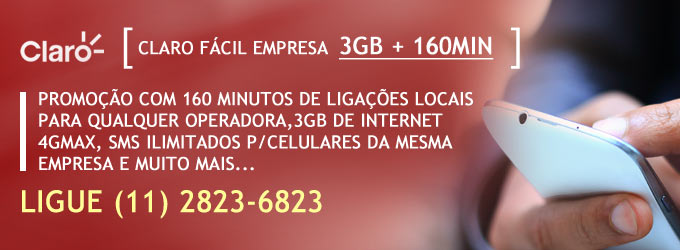Claro Fácil Empresa 3GB 160 minutos é um plano de telefonia móvel com 3GB de internet 4G da Claro, 160 minutos de ligações para qualquer operadora, ligações locais ou nacionais para celulares Claro e torpedos ilimitados para celulares da mesma empresa. Informações ligue (11) 2823-6823