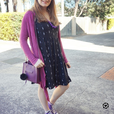 awayfromblue instagram purple cardigan converse high tops accessories with little black dress