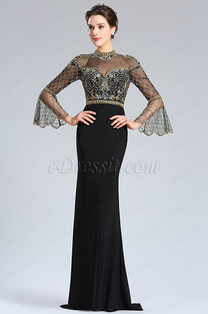 Sleeves Gold&Black Beaded Evening Prom Gown